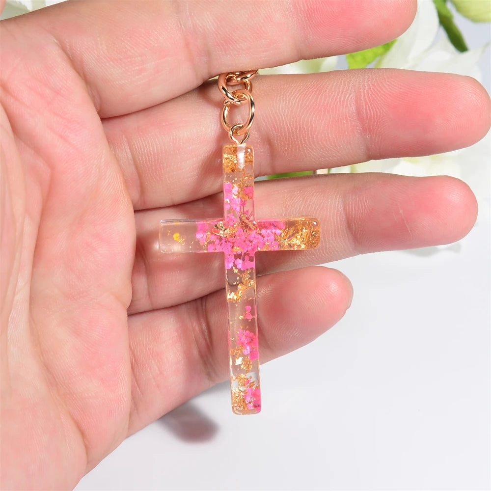 Dried Flower Resin Cross Keychain
