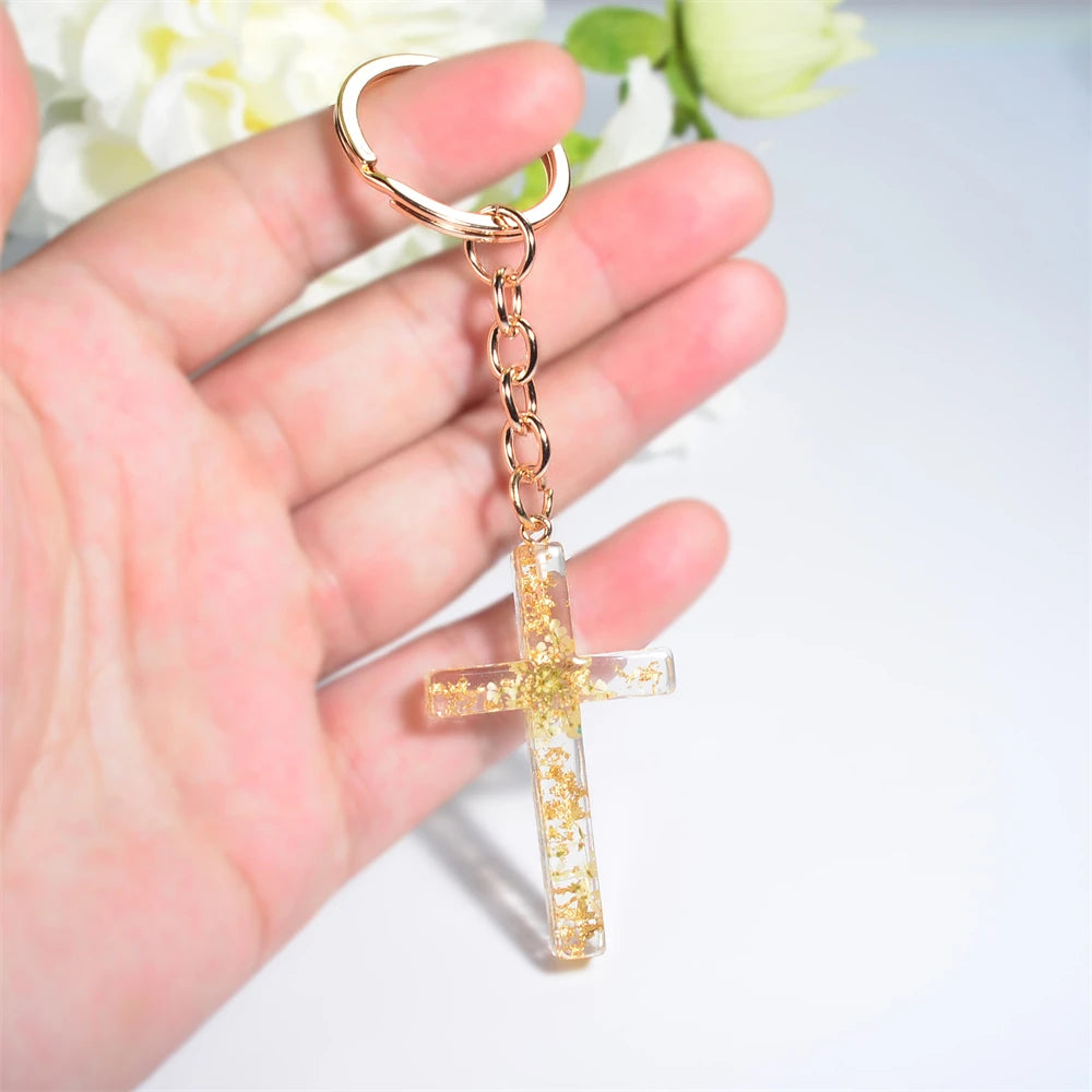 Dried Flower Resin Cross Keychain