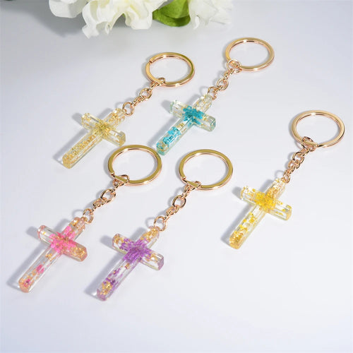 Dried Flower Resin Cross Keychain