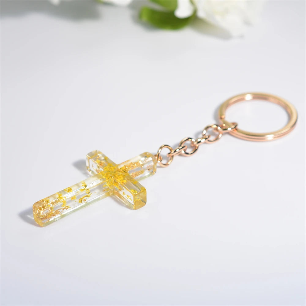 Dried Flower Resin Cross Keychain