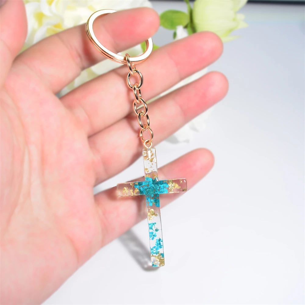 Dried Flower Resin Cross Keychain