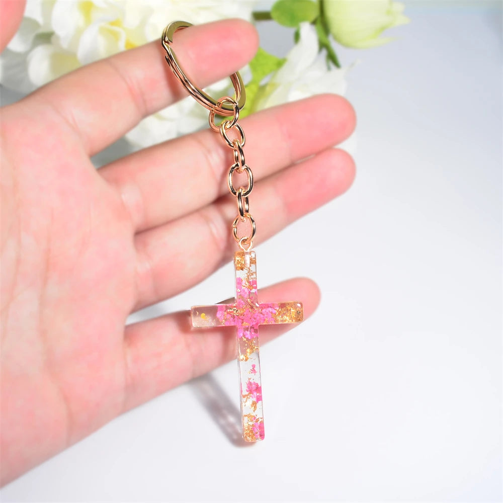 Dried Flower Resin Cross Keychain