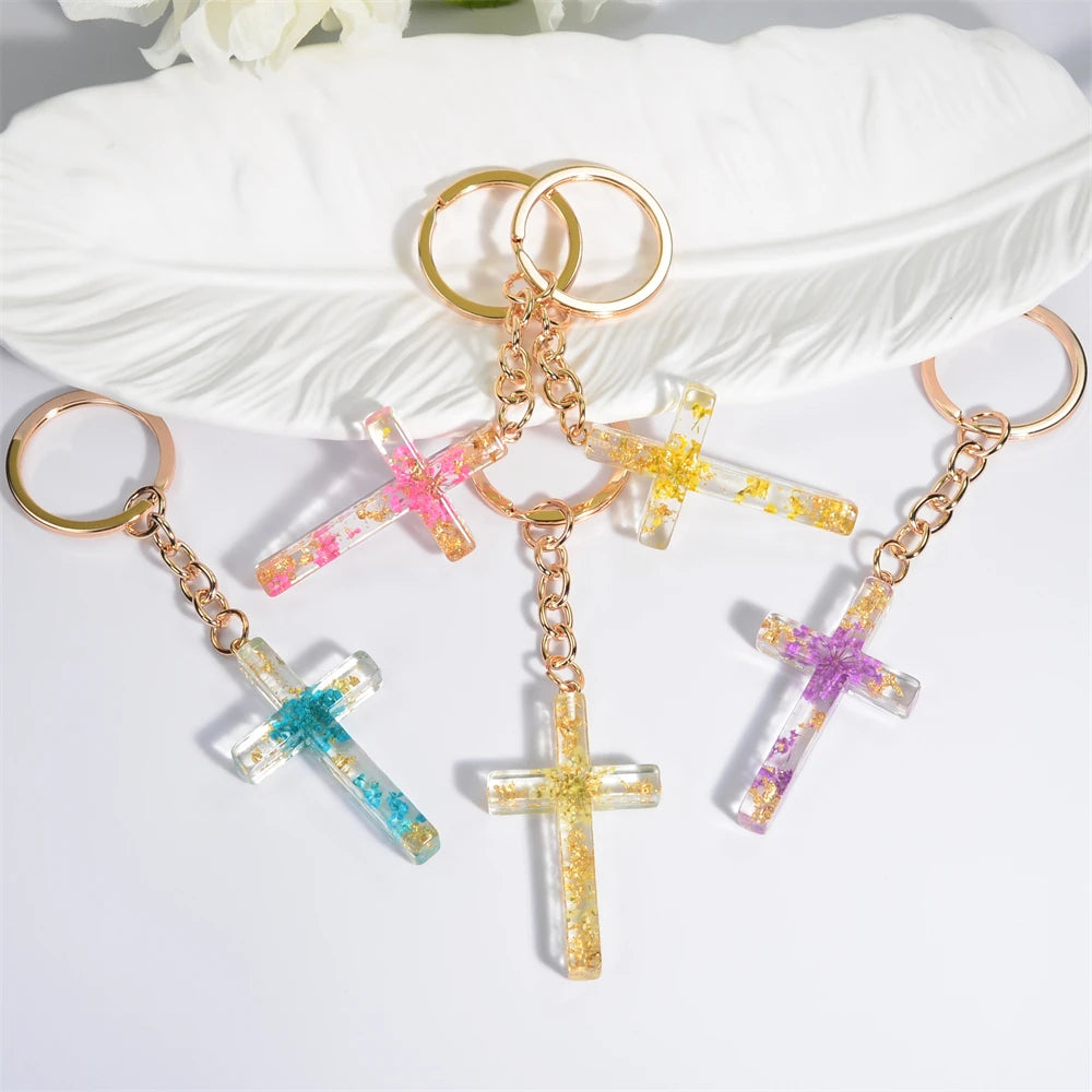 Dried Flower Resin Cross Keychain