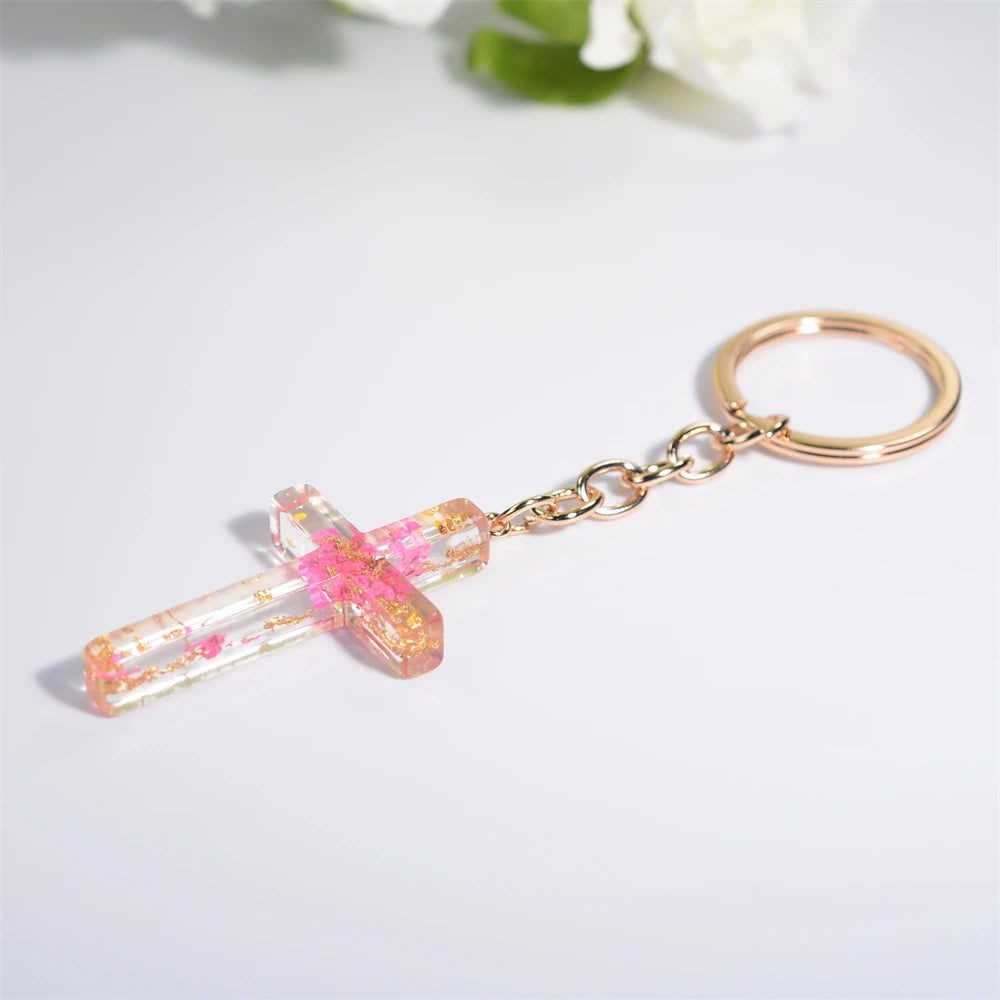 Dried Flower Resin Cross Keychain