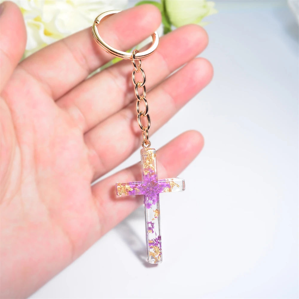 Dried Flower Resin Cross Keychain
