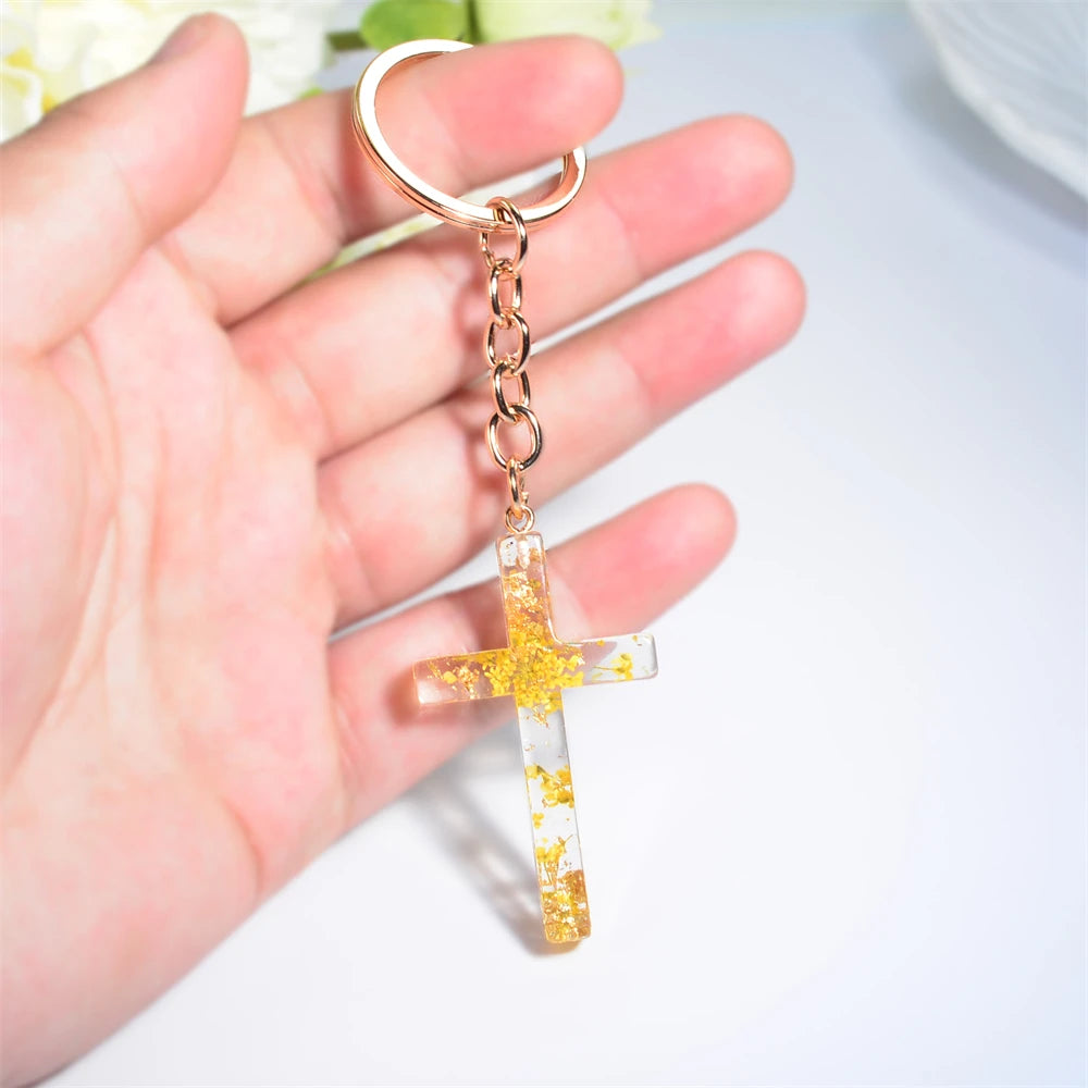 Dried Flower Resin Cross Keychain