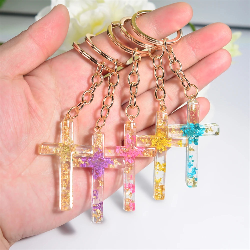 Dried Flower Resin Cross Keychain