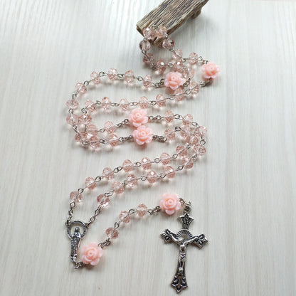 Faith & Fig Christ Jesus Cross Necklace Rosary – Pink Alloy Unisex