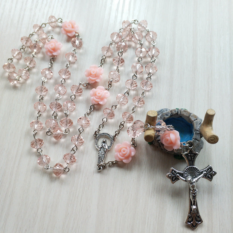 Faith & Fig Christ Jesus Cross Necklace Rosary – Pink Alloy Unisex