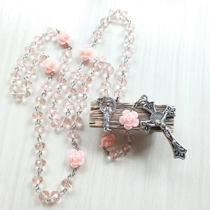 Faith & Fig Christ Jesus Cross Necklace Rosary – Pink Alloy Unisex