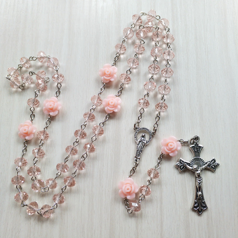 Faith & Fig Christ Jesus Cross Necklace Rosary – Pink Alloy Unisex