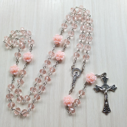 Faith & Fig Christ Jesus Cross Necklace Rosary – Pink Alloy Unisex