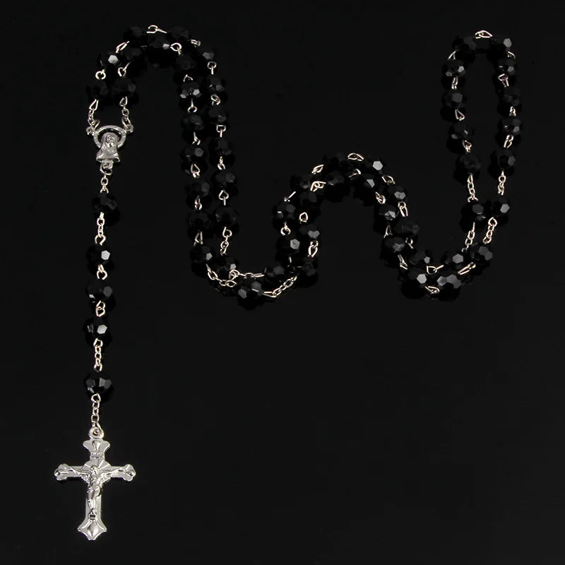 Faith & Fig 8mm Fashion Rosary Necklace – Christian Cross Pendant Long Chain Jewelry