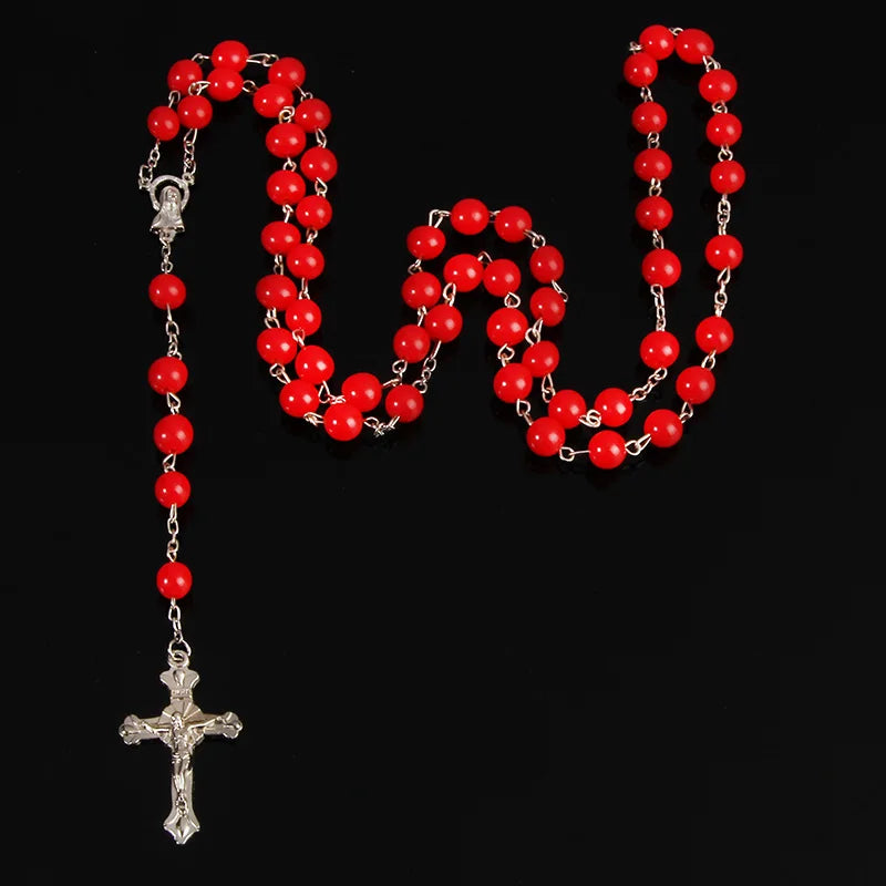 Faith & Fig 8mm Fashion Rosary Necklace – Christian Cross Pendant Long Chain Jewelry