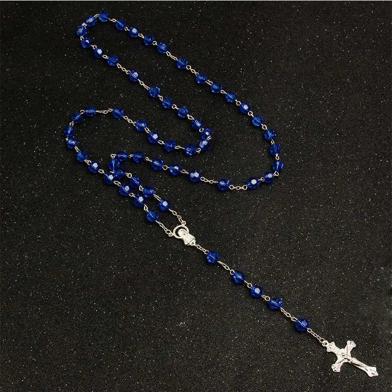 Faith & Fig 8mm Fashion Rosary Necklace – Christian Cross Pendant Long Chain Jewelry