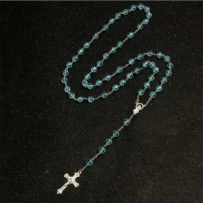 Faith & Fig 8mm Fashion Rosary Necklace – Christian Cross Pendant Long Chain Jewelry