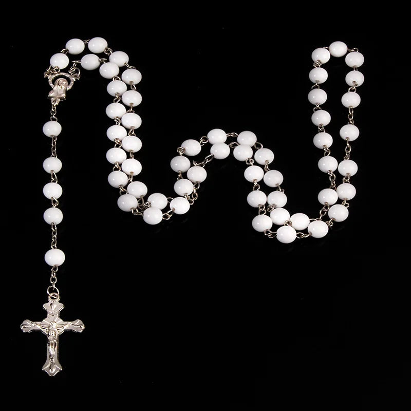 Faith & Fig 8mm Fashion Rosary Necklace – Christian Cross Pendant Long Chain Jewelry