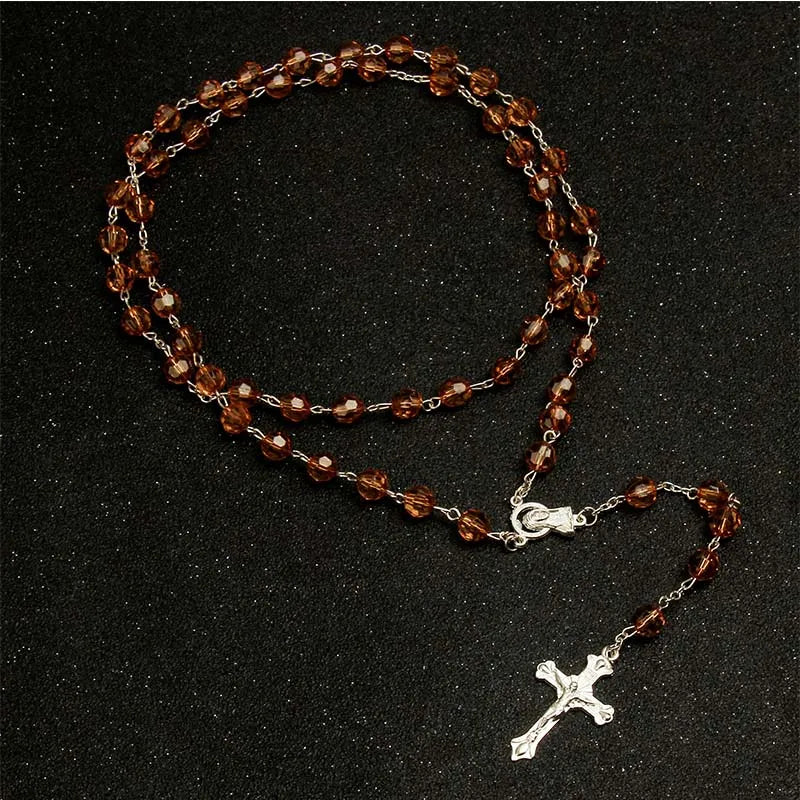 Faith & Fig 8mm Fashion Rosary Necklace – Christian Cross Pendant Long Chain Jewelry