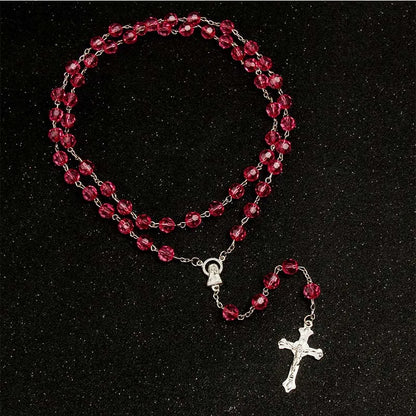 Faith & Fig 8mm Fashion Rosary Necklace – Christian Cross Pendant Long Chain Jewelry